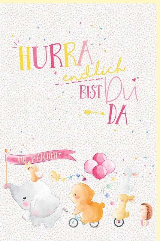 Geburtskarte Mädchen - Hurra, endlich da! Glückwunsch zur Geburt, Rosa Weiß Gold Design, Hochwertige Karte für Neugeborene und Eltern.