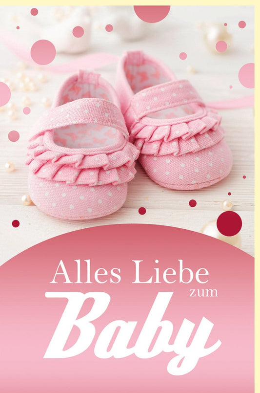 Geburtskarte Mädchen - Rosa Glitzerkarte mit Babyschuhen, Schimmerndes Design zur Geburt für Eltern & Freunde, Perfekt für Babyshower