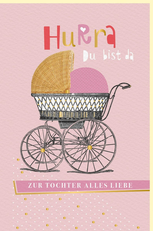 Geburtskarte Mädchen - Willkommen Baby! Rosa Karte mit Kinderwagen & Spruch, Pastellfarbenes Geschenk zur Geburt für Familie und Freunde