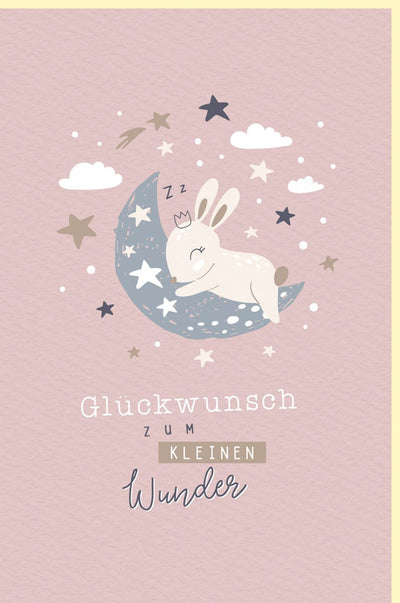 Geburtskarte Mädchen - Zartrosa Glückwunsch mit Schlafhase, Mond & Sterne, Naturkarton für Neugeborene, Süße Babyshower Gratulation