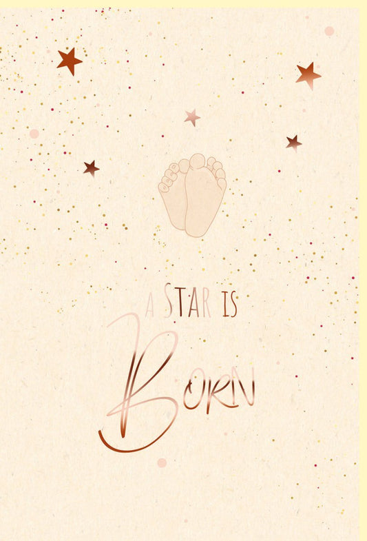 Geburtskarte mit Babyfüßen & Sternen - Glückwünsche für Neugeborene, Eltern & Großeltern, Beige Zuckerrohrpapier & Roségoldfolie