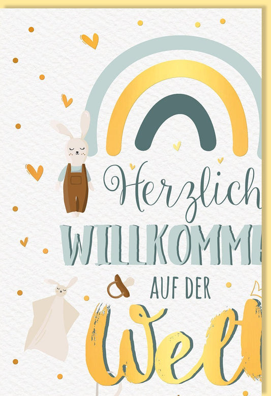 Geburtskarte mit Babyschuhen & Häschen - Pastellgelb, Goldfolie, Babyflasche & Schnuller Design für frischgebackene Eltern