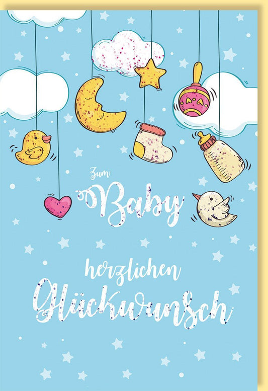 Geburtskarte mit liebevollem Baby - Design: Enten, Herz, Mond, Sterne, Wolken und mehr – Herzlichen Glückwunsch zur Geburt!