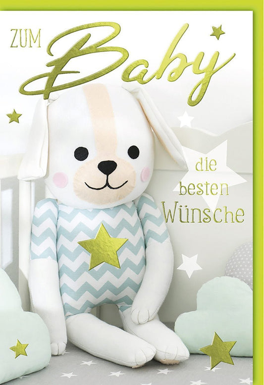 Geburtskarte mit Plüschhund und Sternenmotiv – Sanfte Farben für Babys Willkommen