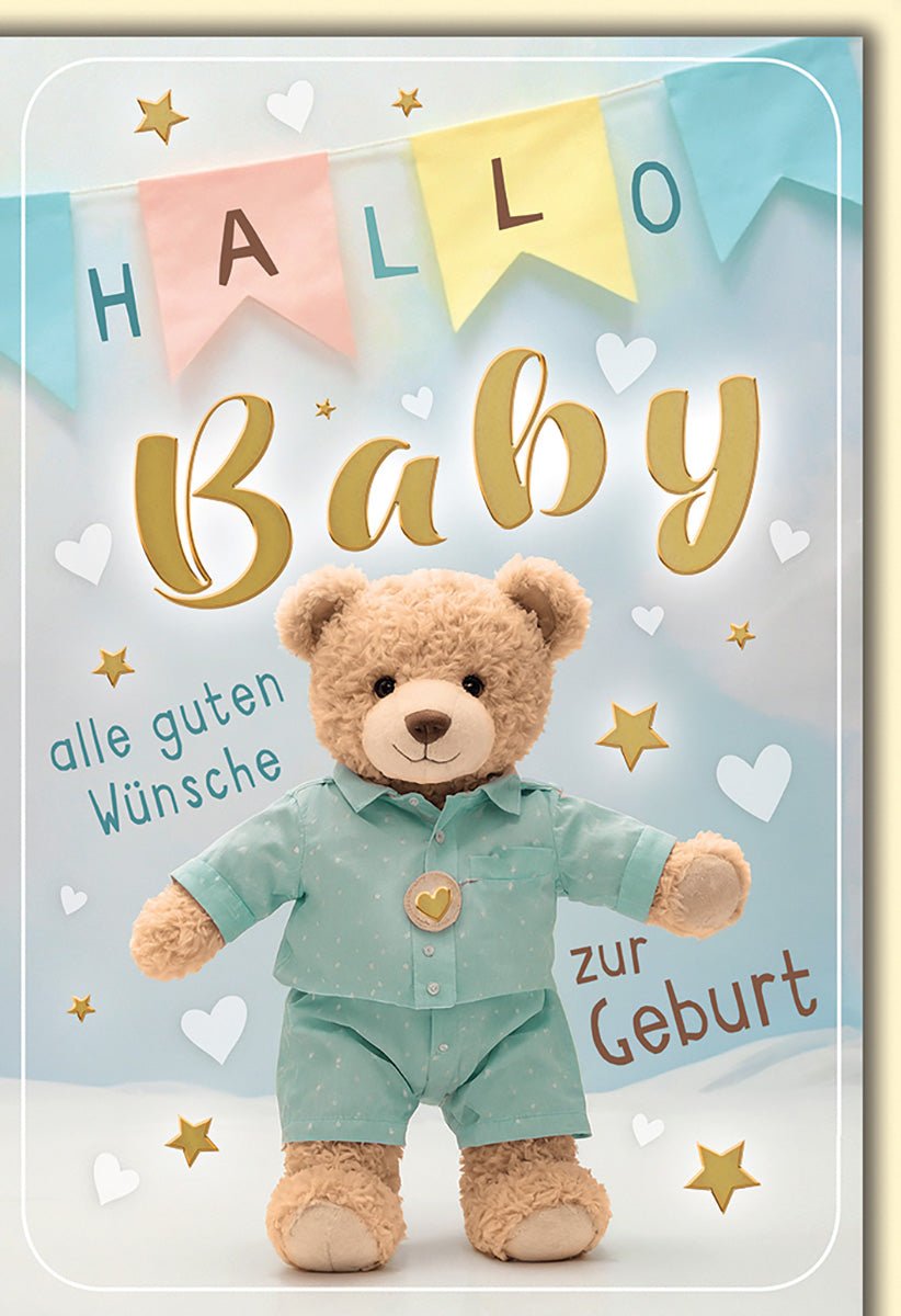 Geburtskarte Neugeborene – Teddybär mit Herzanhänger und bunten Wimpeln