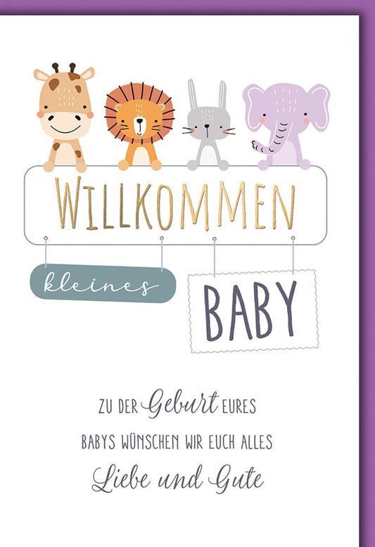Geburtskarte Neutral – Niedliche Tiere mit Schriftzug "Willkommen kleines Baby"