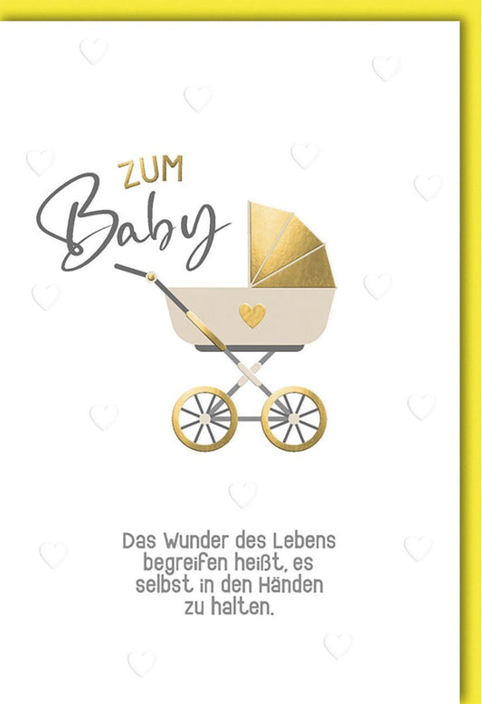 Geburtskarte - Stilvolle Karte mit Kinderwagen - Motiv, Goldakzenten & neutralen Tönen für Babyshower & Glückwünsche