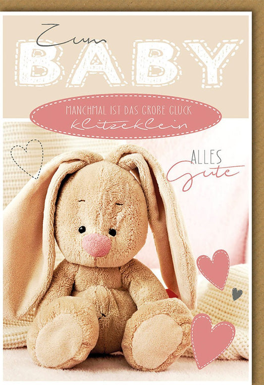 Geburtskarte: Süßer Hase mit Herzen und Spruch "Manchmal ist das große Glück klitzeklein" - Alles Gute!