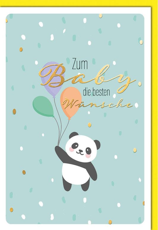 Geburtskarte: Süßer Panda mit Ballons und goldener Schrift auf mintgrünem Hintergrund