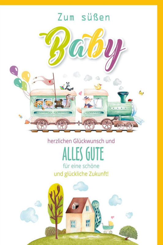 Geburtskarte "Welcome Baby" - Fröhliche Karte mit Zugmotiv, Glückwünsche zur Geburt eines Neugeborenen