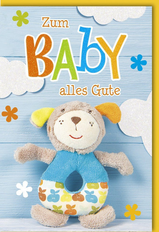 Geburtskarte - Willkommen Baby: Bärchen & Wolken Design, Kinderzimmer Deko, Blumenmotiv zur Babyparty & Babyshower