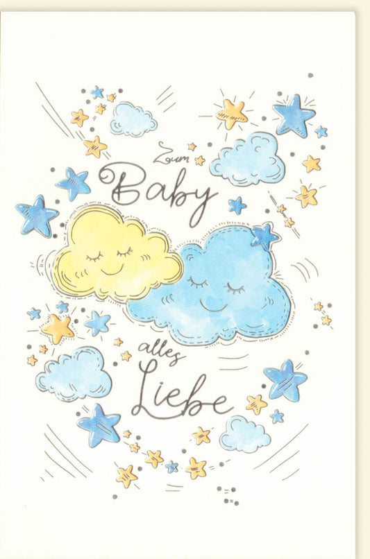 Geburtskarte – Zauberhafte Glückwünsche zur Geburt mit Sternen & Wolken, ideal für Babyshower & Babyparty, für Jungen & Mädchen