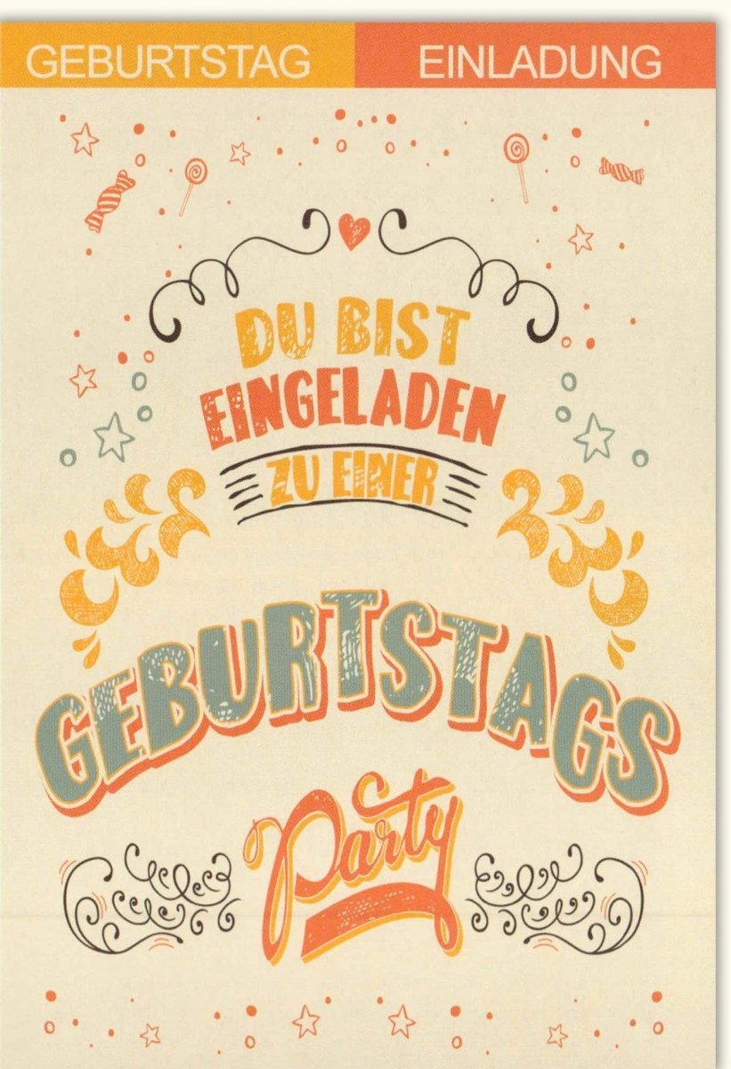 Geburtstagseinladung im Vintage Retro Design – Feierliche Illustration und Dekorative Schreibschrift auf Buntpapier für Partyfreude