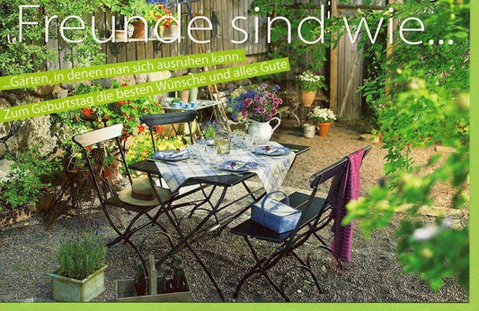 Geburtstagsgruß für Freunde im Garten - Humorvolle Karte mit Spruch