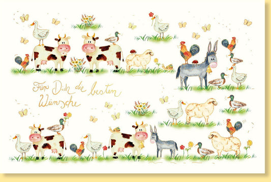 Geburtstagsgruß mit Tieren: Kuh, Ente, Schmetterling & Huhn auf Naturkarton mit Goldfolie und Blindprägung