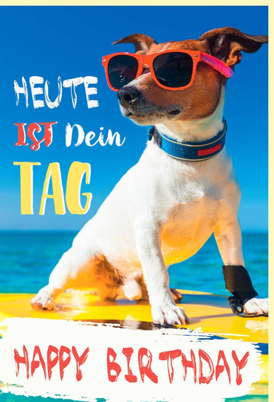 Geburtstagsgrußkarte mit Hund und Strand – Lustige, farbenfrohe Glückwünsche für den besonderen Tag