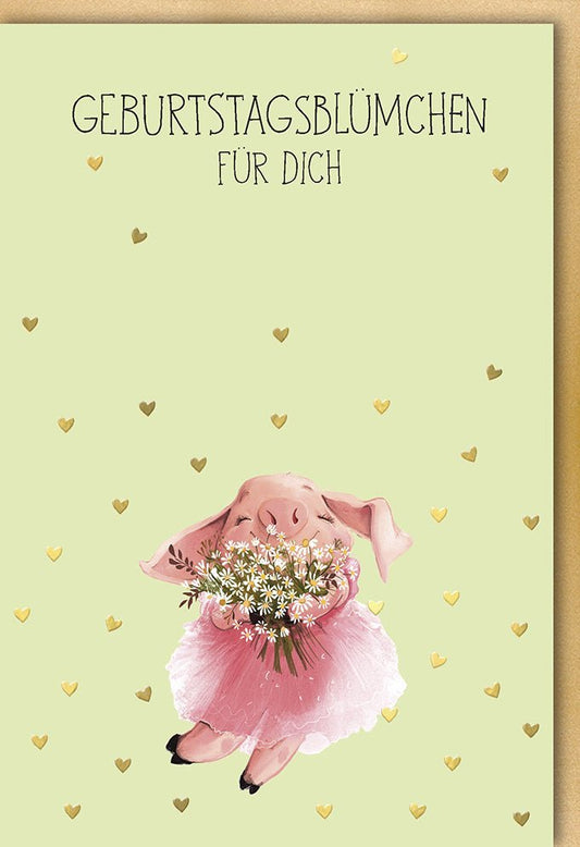 Geburtstagsgrußkarte mit süßem Schweinchen, floralen Motiven & Herz in Rosa/Gold - Perfekte Glückwünsche zum Geburtstag