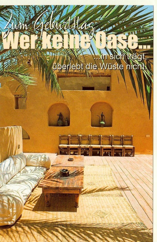Geburtstagsgrußkarte Oase Wüstenpause – Entspannende Grüße zum Ehrentag
