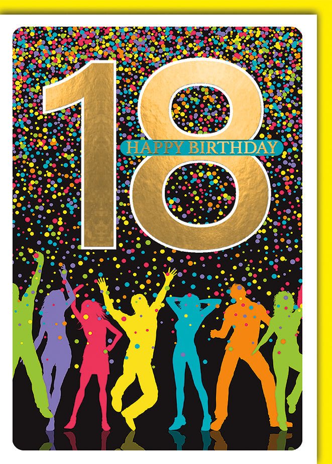Geburtstagskarte 18 Jahre – Bunte Silhouetten mit Goldakzent und Konfetti - Design