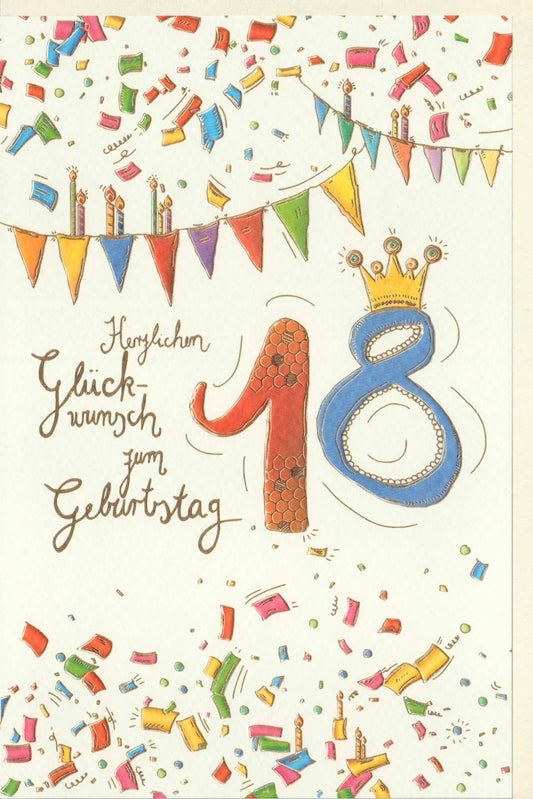 Geburtstagskarte 18 Jahre - Feierliche Glückwünsche zur Volljährigkeit mit Konfetti und Partylaune