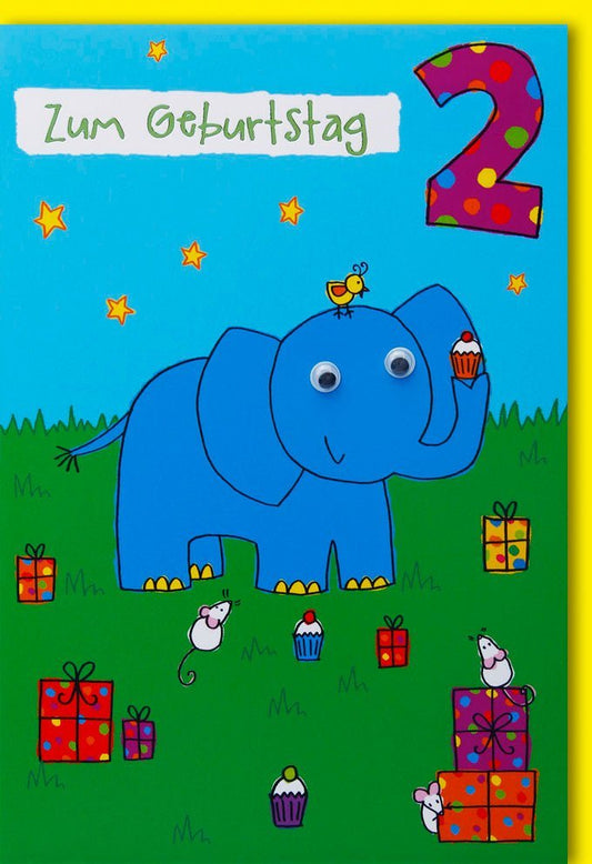 Geburtstagskarte 2. Geburtstag - Fröhlicher Elefant & Bunte Muffins für Jungen & Mädchen