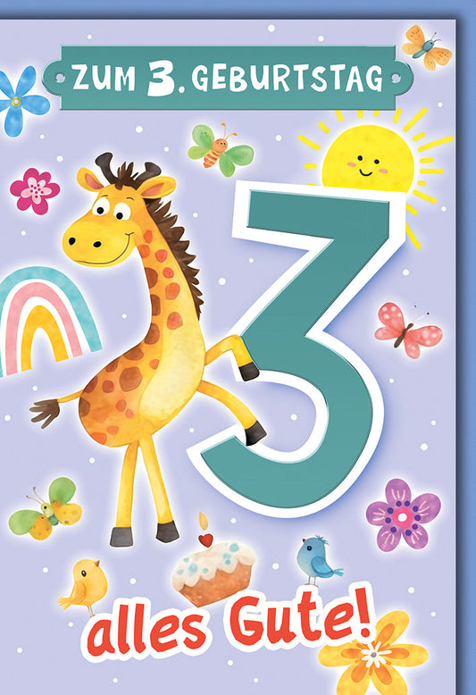 Geburtstagskarte 3 Jahre Kinder – Fröhliche Giraffe mit Sonne und Regenbogen