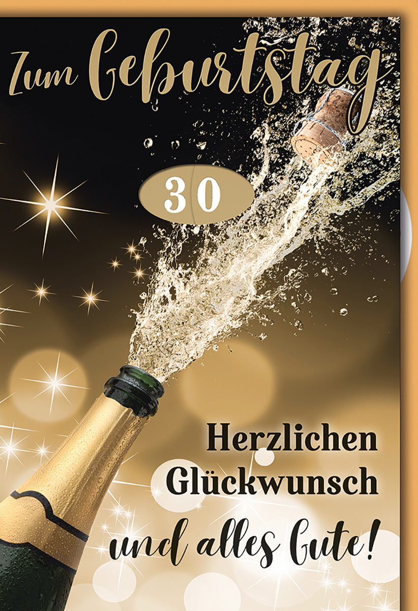 Geburtstagskarte 30 Jahre Frauen – Champagnerflasche mit spritzenden Sternen und Glamour-Effekt