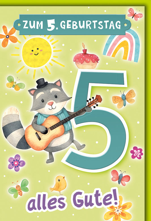 Geburtstagskarte 5 Jahre Kinder – Waschbär mit Gitarre und bunte Schmetterlinge