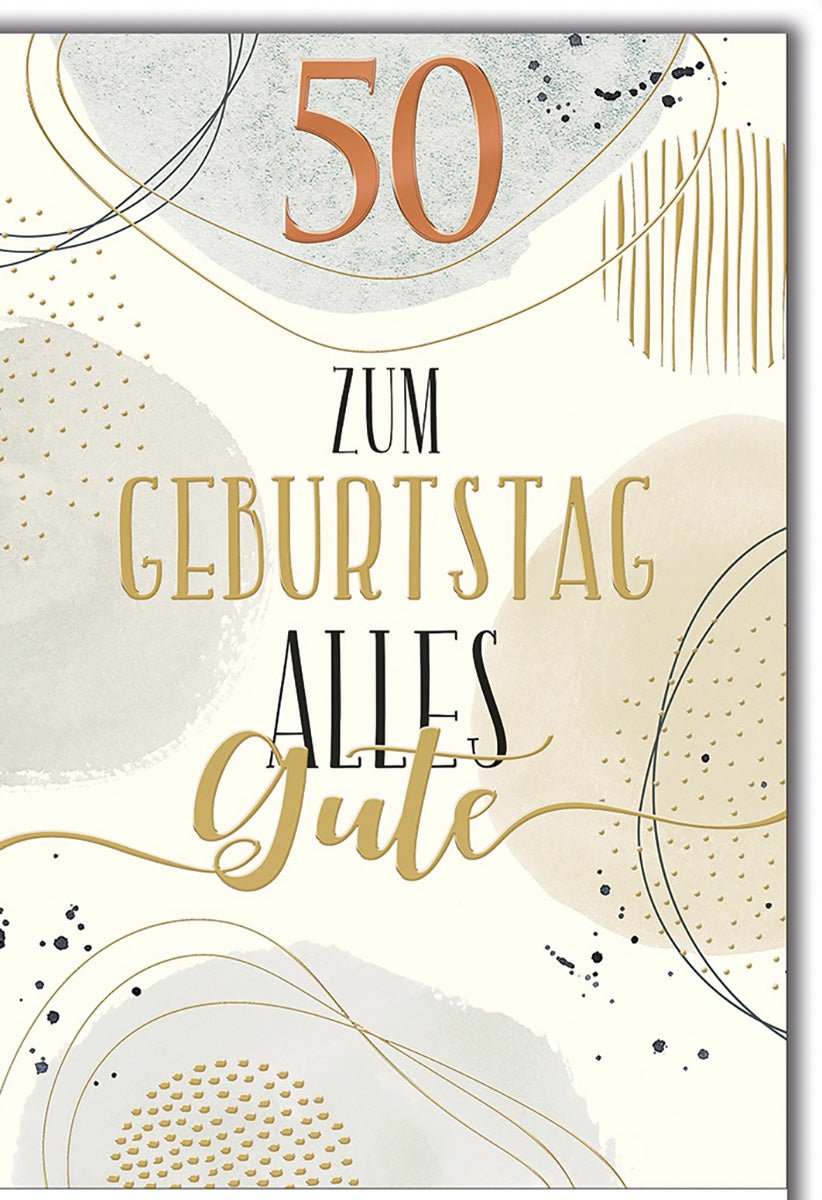 Geburtstagskarte 50 Jahre – Abstrakte Goldakzente mit modernen Kreisen und Linien