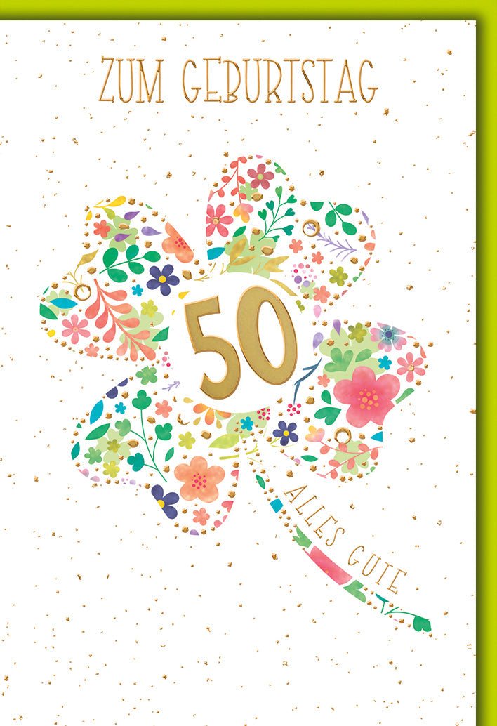 Geburtstagskarte 50 Jahre – Buntes Kleeblatt mit floralen Mustern und Goldakzenten