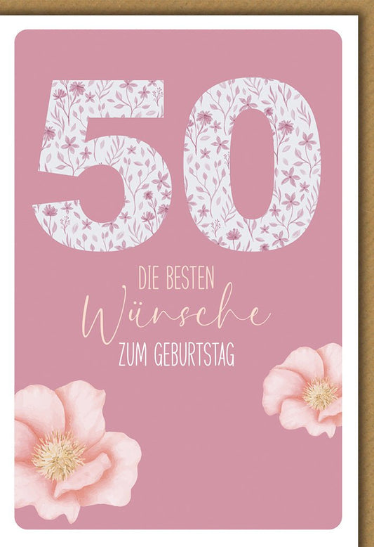 Geburtstagskarte 50 Jahre Frauen – Rosa Blumenmuster mit zarten Blüten und Eleganz