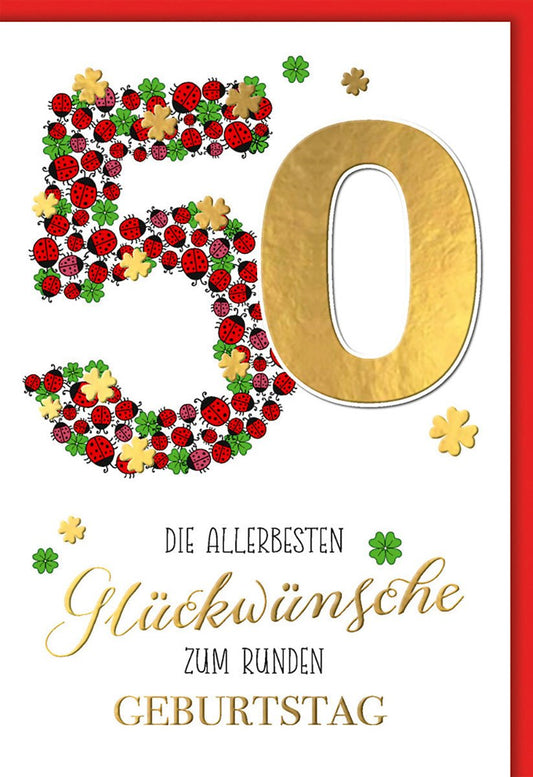 Geburtstagskarte 50 Jahre – Goldene 50 mit Marienkäfern und Kleeblättern in Rot - Grün