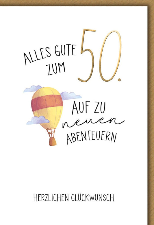 Geburtstagskarte 50 Jahre – Heißluftballon Aquarell mit Abenteuer - Motiv