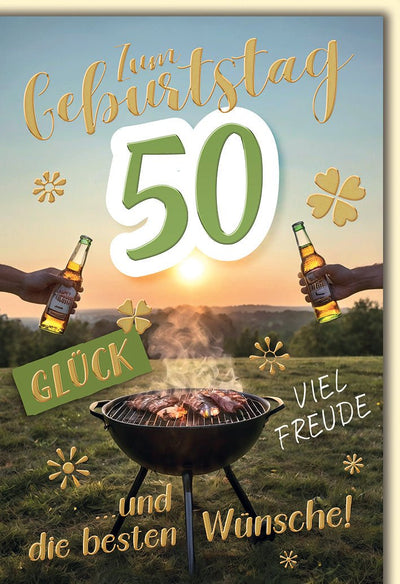 Geburtstagskarte 50 Jahre Männer – Grillabend mit Bierflaschen und Sonnenuntergang