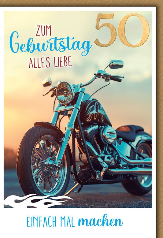 Geburtstagskarte 50 Jahre Männer – Motorrad im Sonnenuntergang mit Abenteuer - Motto