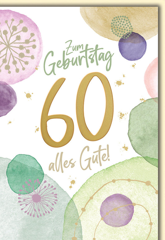 Geburtstagskarte 60 Jahre – Aquarell Kreise in Pastell mit Goldakzenten
