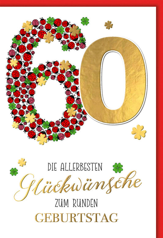 Geburtstagskarte 60 Jahre – Goldene 60 mit Marienkäfern und Kleeblättern in Rot-Grün