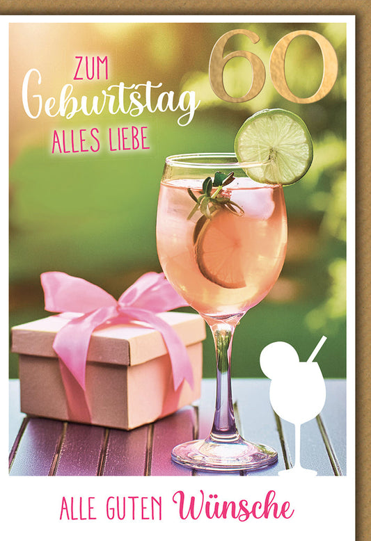 Geburtstagskarte 60 Jahre – Rosé-Weinglas mit Geschenkbox und Limettenscheibe
