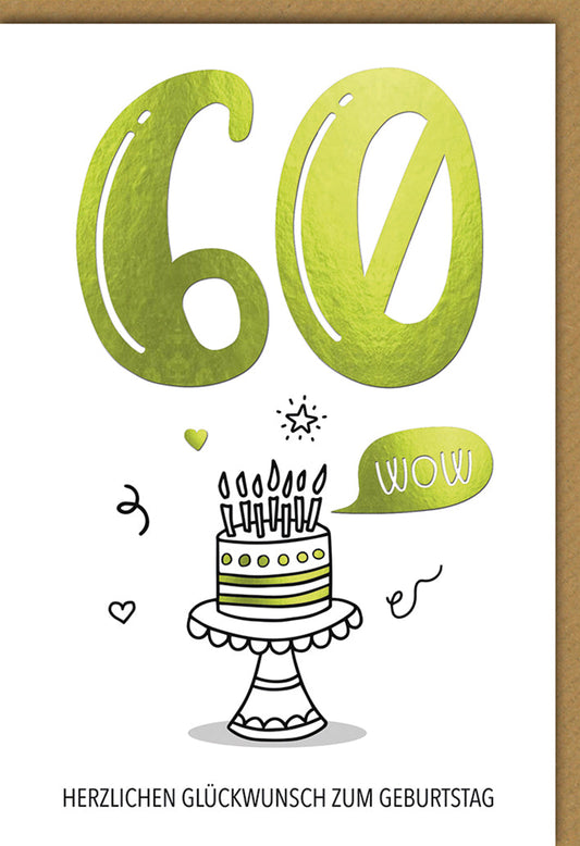 Geburtstagskarte 60 Jahre – Grüne 60 mit Torte und Wow-Sprechblase in modernem Stil
