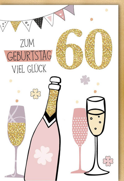 Geburtstagskarte 60 Jahre - Glitzernde Sektflasche & Gläser, Festliche Cheers Deko mit Glitzerlack