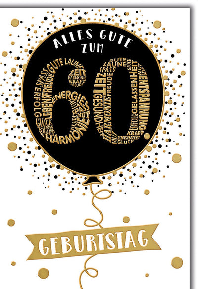 Geburtstagskarte 60 Jahre – Goldener Ballon mit Wortwolke und festlichem Design