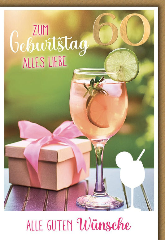 Geburtstagskarte 60 Jahre – Rosé - Weinglas mit Geschenkbox und Limettenscheibe