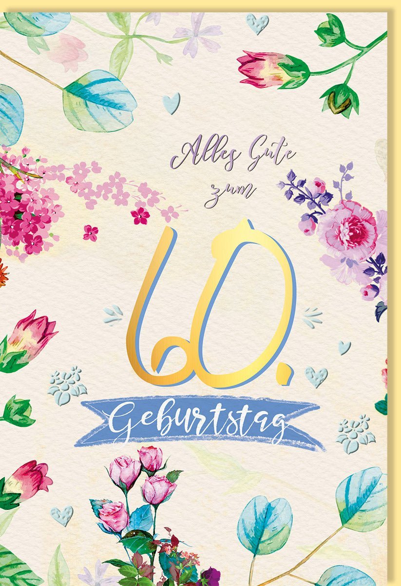 Geburtstagskarte 60 Jahre - Stilvolle Aquarell - Blumen in Pastell, Vintage Design für Seniorenfeier und Jubiläumsgeschenk