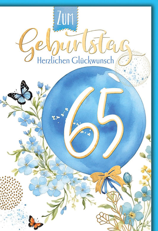 Geburtstagskarte 65 Jahre – Blaue Ballons mit Schmetterlingen und Blumenmuster