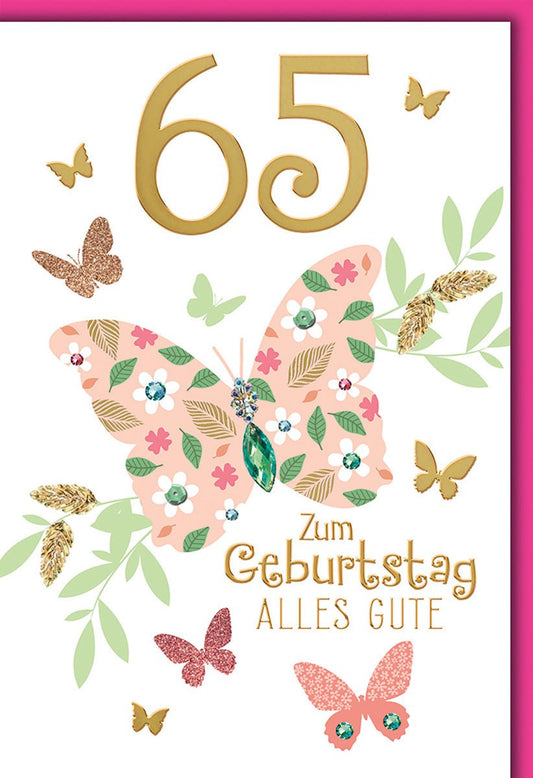 Geburtstagskarte 65 Jahre – Bunter Schmetterling mit floralen Mustern und Glitzerakzenten