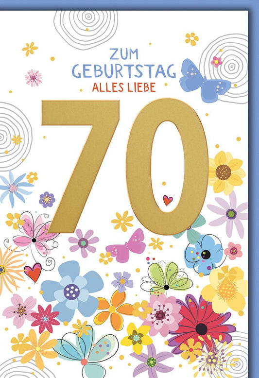 Geburtstagskarte 70 Jahre – Goldene Zahl mit bunten Blumen und Schmetterlingen