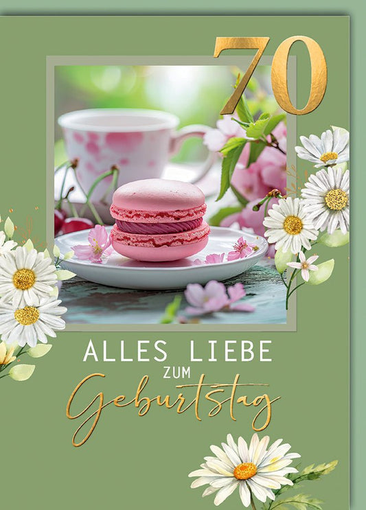 Geburtstagskarte 70 Jahre – Rosa Macaron mit Teetasse und Blumenarrangement