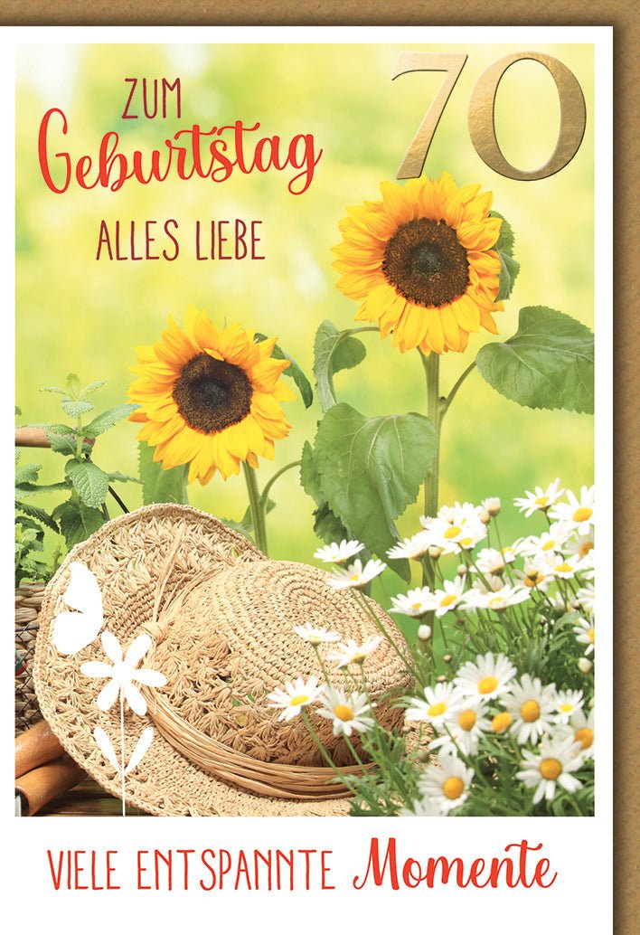 Geburtstagskarte 70 Jahre – Sonnenblumen und Strohhut mit Sommerwiese und Entspannung