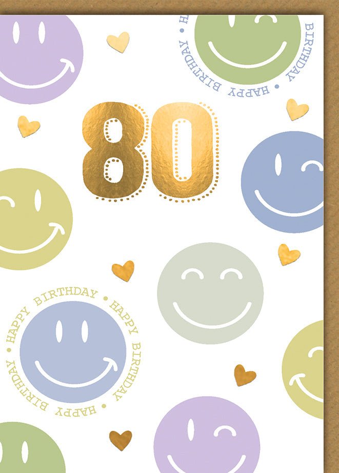 Geburtstagskarte 80 Jahre – Bunte Smileys mit Goldakzenten und Herzmotiven