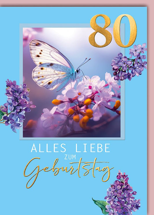 Geburtstagskarte 80 Jahre – Schmetterling auf Flieder mit Goldakzenten und Pastellblau